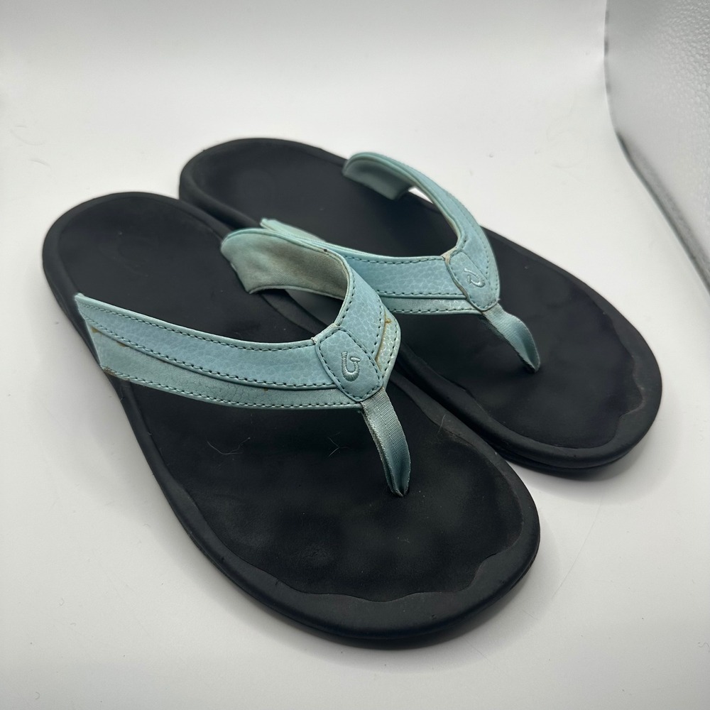 Olukai Ohana Women Flip Flop Sandals Light Blue Black Beach Casual size 9